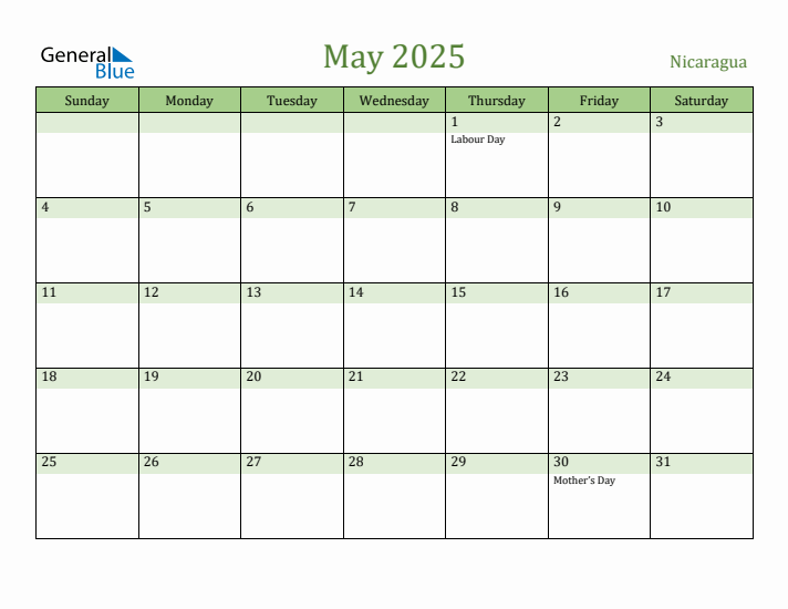 May 2025 Calendar with Nicaragua Holidays