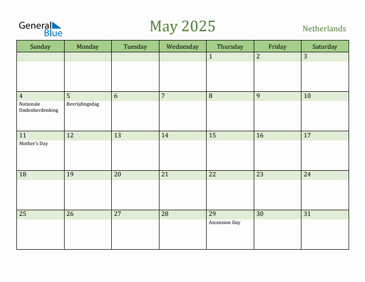 May 2025 Calendar with The Netherlands Holidays