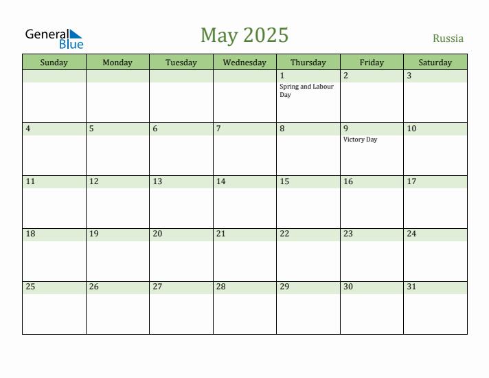 May 2025 Calendar with Russia Holidays