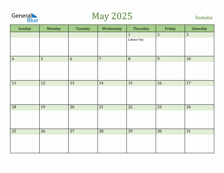 May 2025 Calendar with Somalia Holidays
