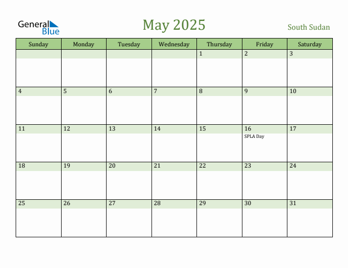 May 2025 Calendar with South Sudan Holidays
