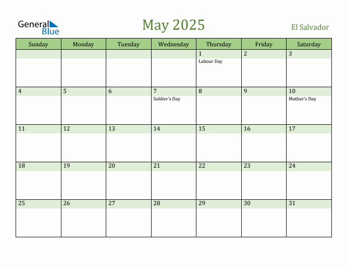 May 2025 Calendar with El Salvador Holidays