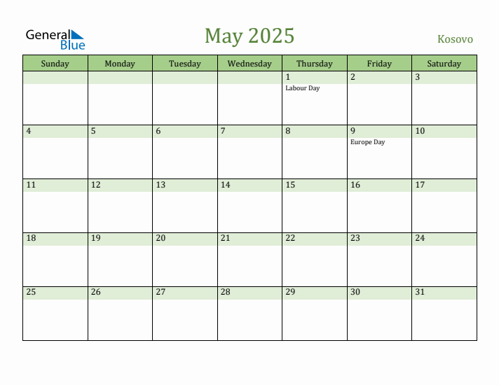 May 2025 Calendar with Kosovo Holidays