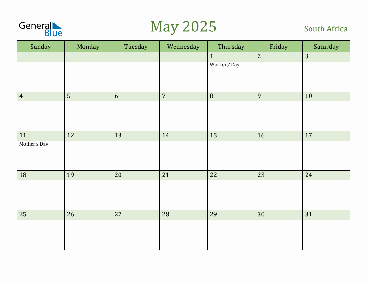 Fillable Holiday Calendar For South Africa - May 2025