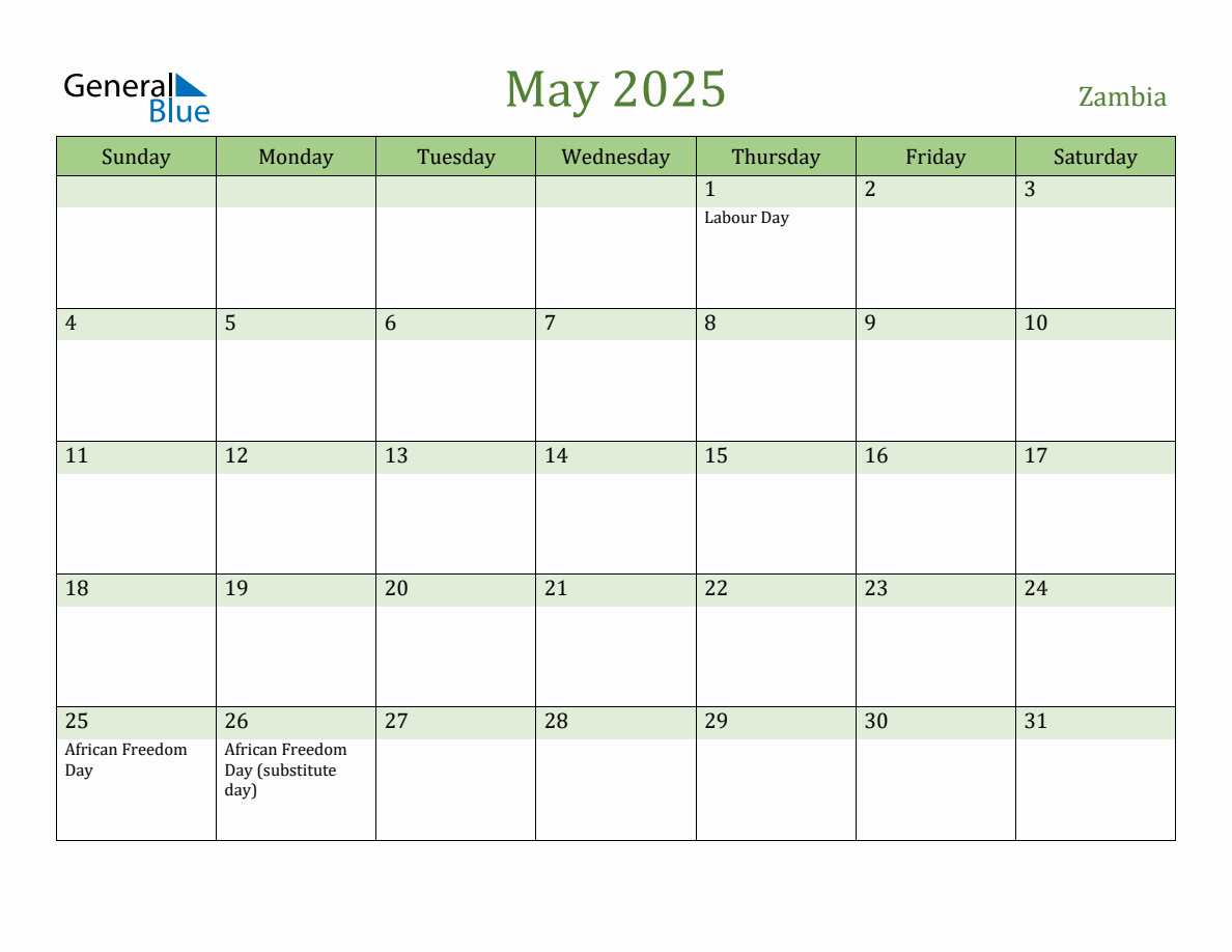 Fillable Holiday Calendar for Zambia May 2025