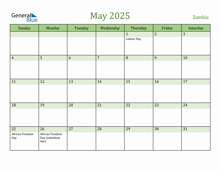 Fillable Holiday Calendar for Zambia May 2025