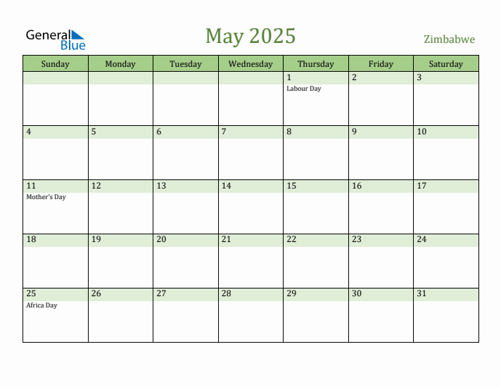 May 2025 Calendar with Zimbabwe Holidays