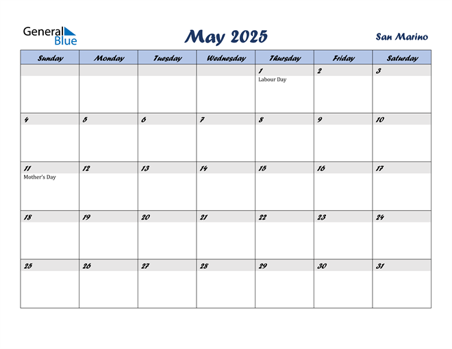 May 2025 Calendar with San Marino Holidays