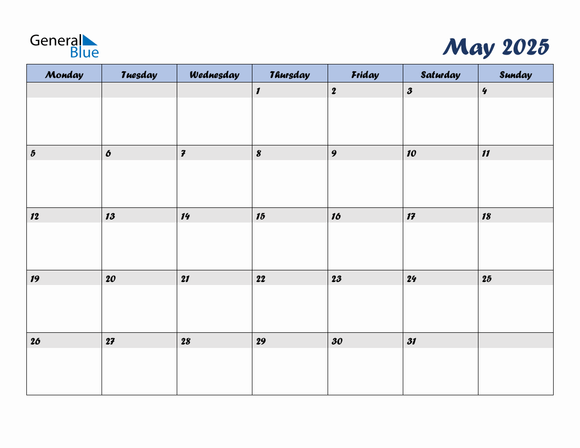 Free May 2025 Monthly Editable Calendar, starting on Monday