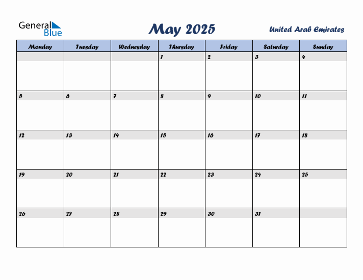 May 2025 Calendar with Holidays in United Arab Emirates