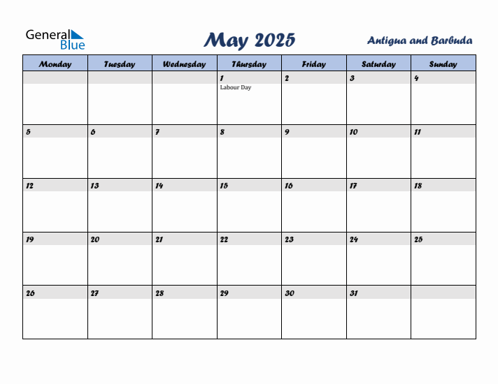 May 2025 Calendar with Holidays in Antigua and Barbuda