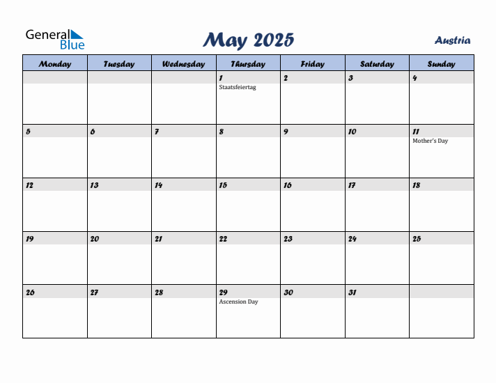 May 2025 Calendar with Holidays in Austria