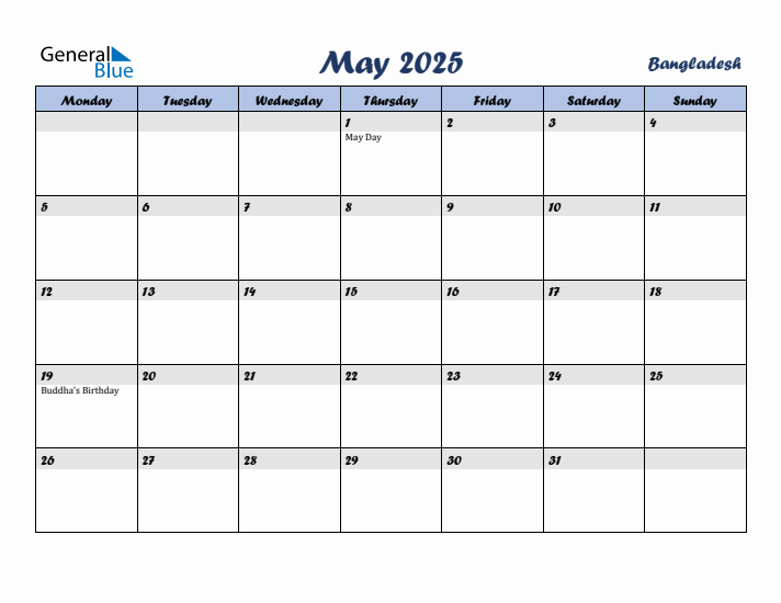 May 2025 Calendar with Holidays in Bangladesh