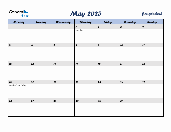 May 2025 Monthly Calendar Template with Holidays for Bangladesh