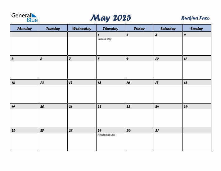 May 2025 Calendar with Holidays in Burkina Faso