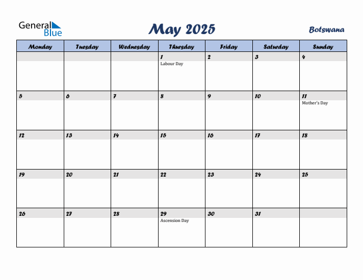 May 2025 Calendar with Holidays in Botswana
