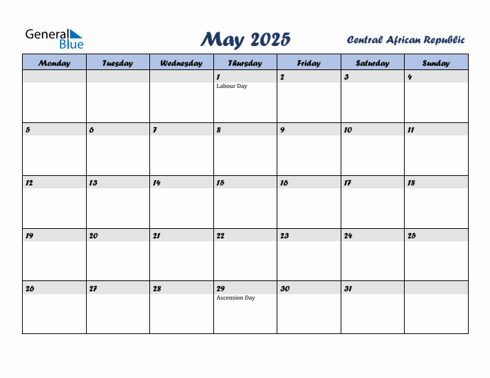 May 2025 Calendar with Holidays in Central African Republic