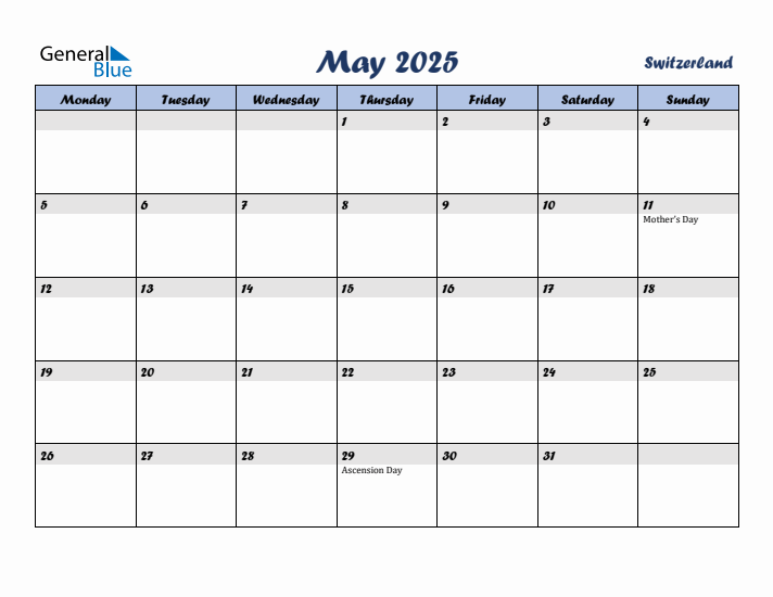 May 2025 Calendar with Holidays in Switzerland