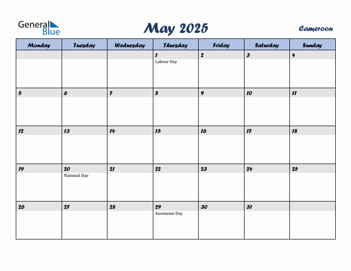 May 2025 Calendar with Holidays in Cameroon