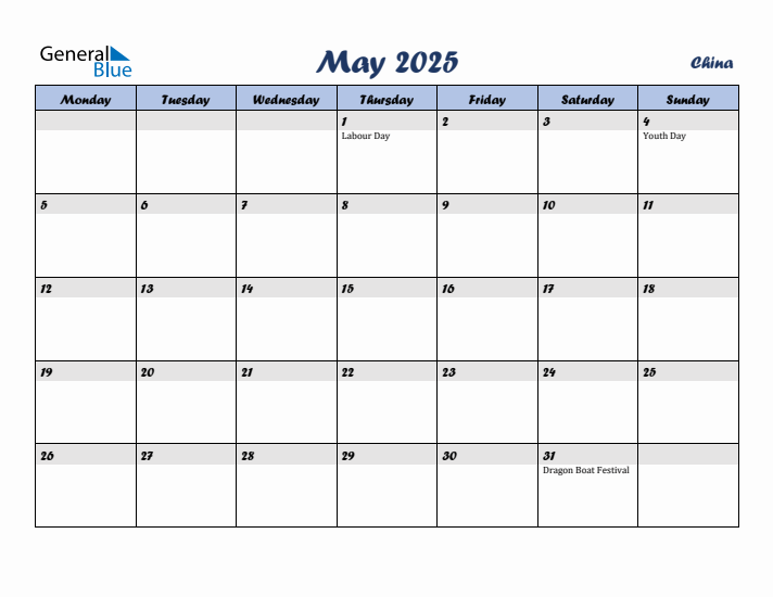 May 2025 Calendar with Holidays in China