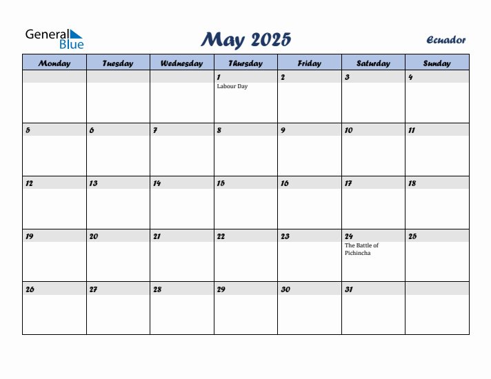 May 2025 Calendar with Holidays in Ecuador
