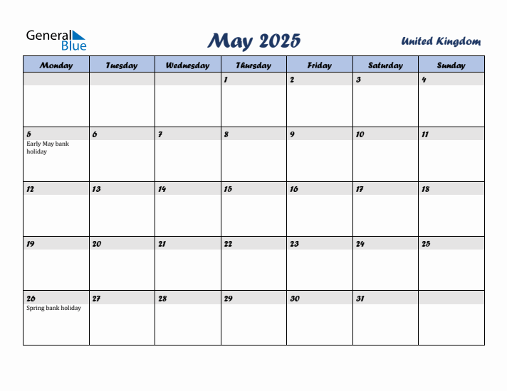 May 2025 Calendar with Holidays in United Kingdom