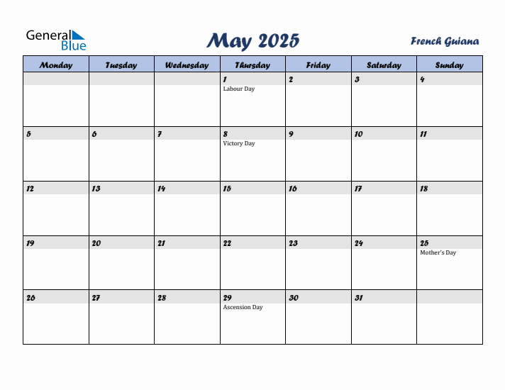 May 2025 Calendar with Holidays in French Guiana