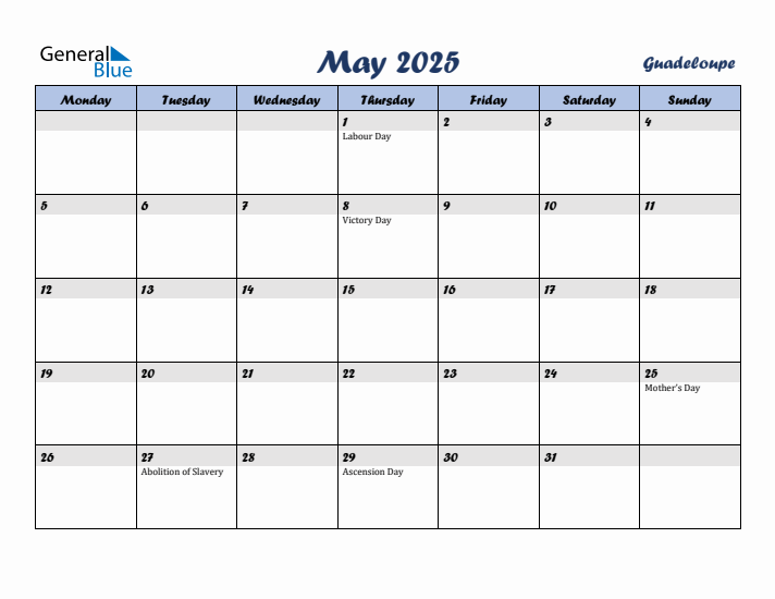 May 2025 Calendar with Holidays in Guadeloupe