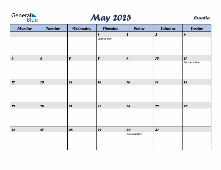 May 2025 Calendar with Holidays in Croatia
