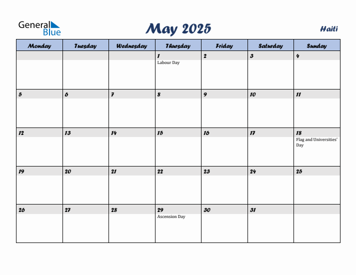 May 2025 Calendar with Holidays in Haiti