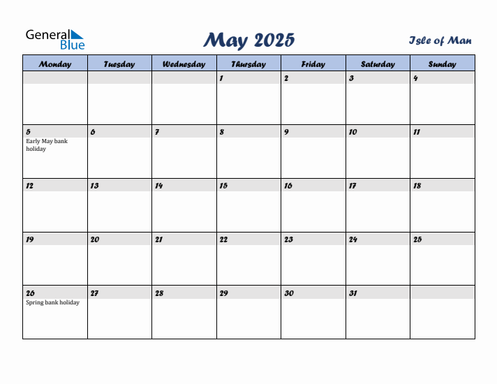 May 2025 Calendar with Holidays in Isle of Man