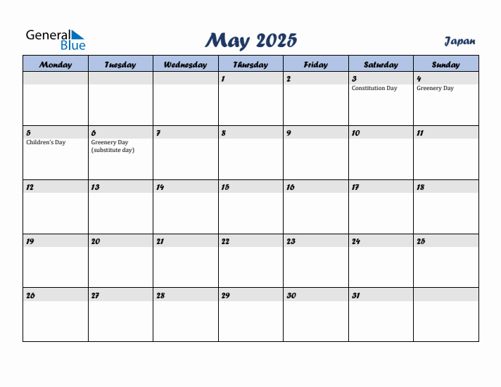 May 2025 Calendar with Holidays in Japan