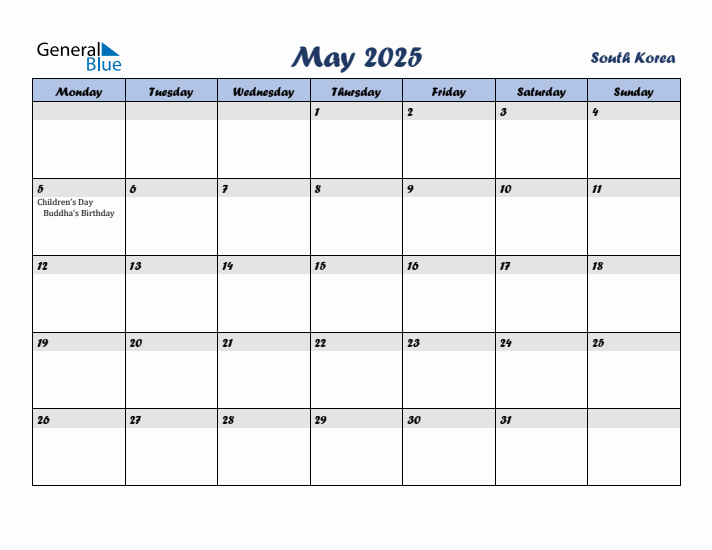 May 2025 Calendar with Holidays in South Korea