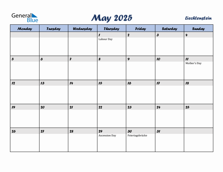 May 2025 Calendar with Holidays in Liechtenstein