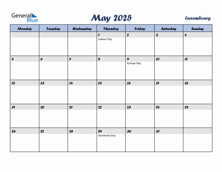 May 2025 Calendar with Holidays in Luxembourg