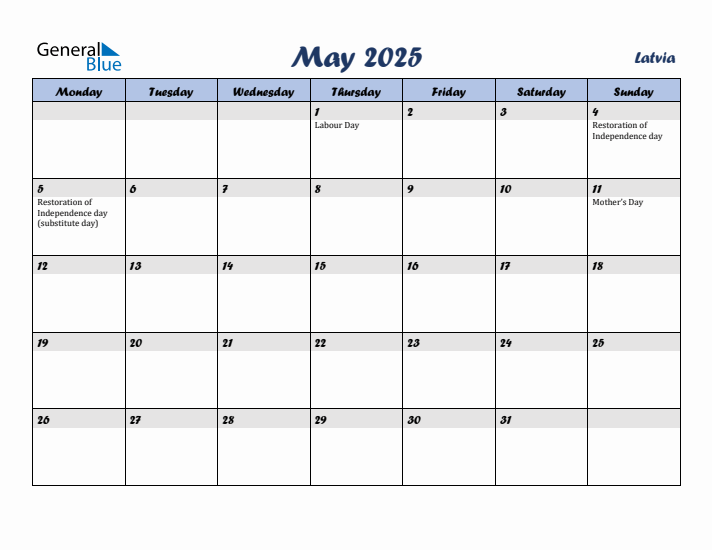 May 2025 Calendar with Holidays in Latvia