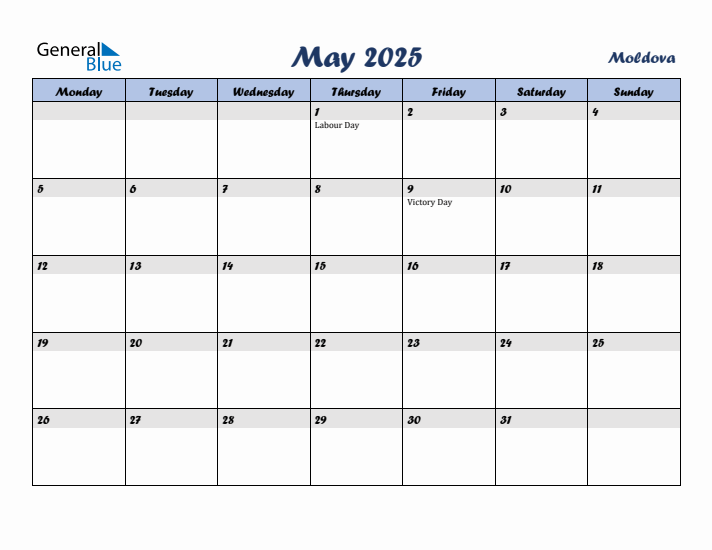 May 2025 Calendar with Holidays in Moldova