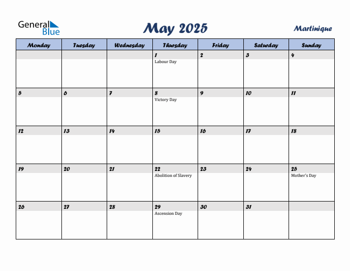 May 2025 Calendar with Holidays in Martinique