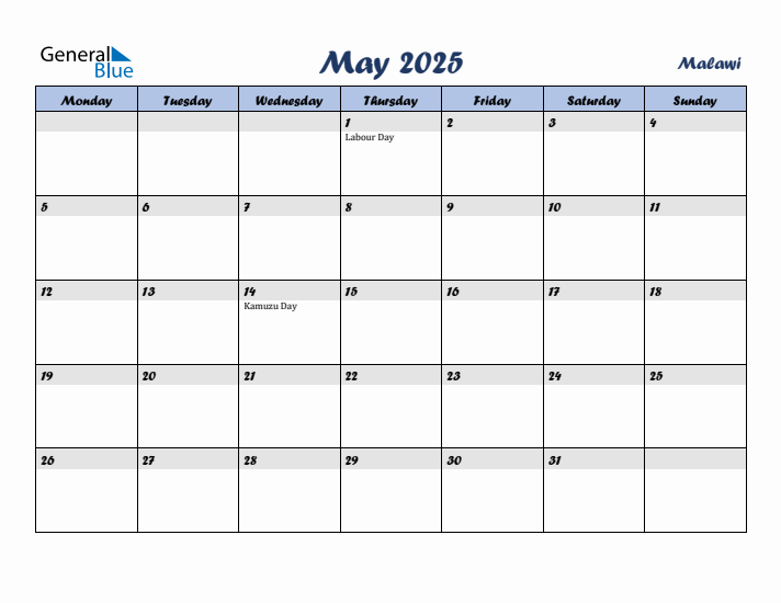 May 2025 Calendar with Holidays in Malawi