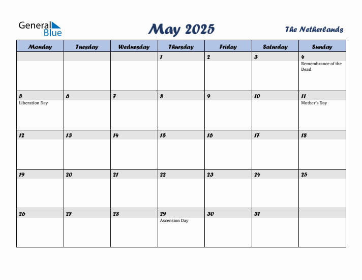May 2025 Calendar with Holidays in The Netherlands