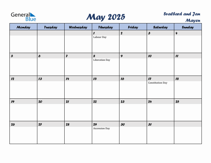 May 2025 Calendar with Holidays in Svalbard and Jan Mayen