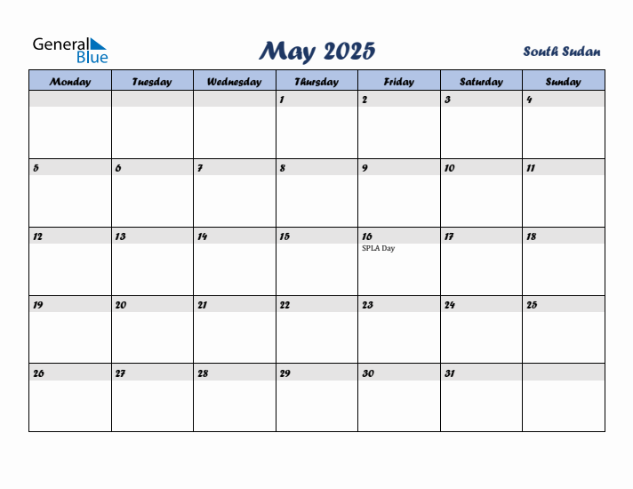 May 2025 Calendar with Holidays in South Sudan