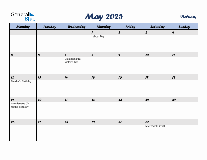 May 2025 Calendar with Holidays in Vietnam