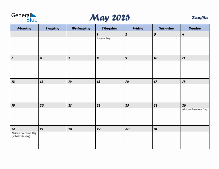 May 2025 Calendar with Holidays in Zambia