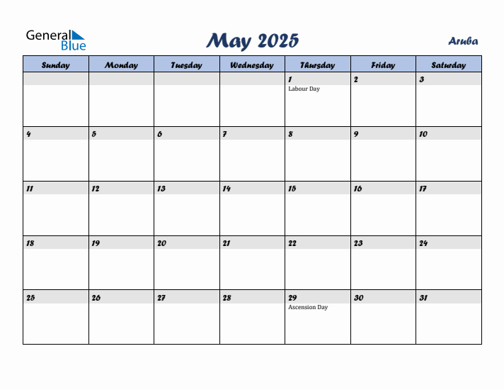 May 2025 Monthly Calendar Template with Holidays for Aruba