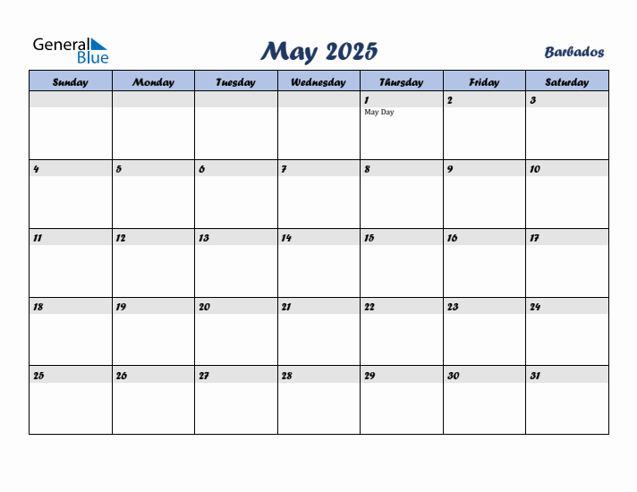 May 2025 Calendar with Holidays in Barbados
