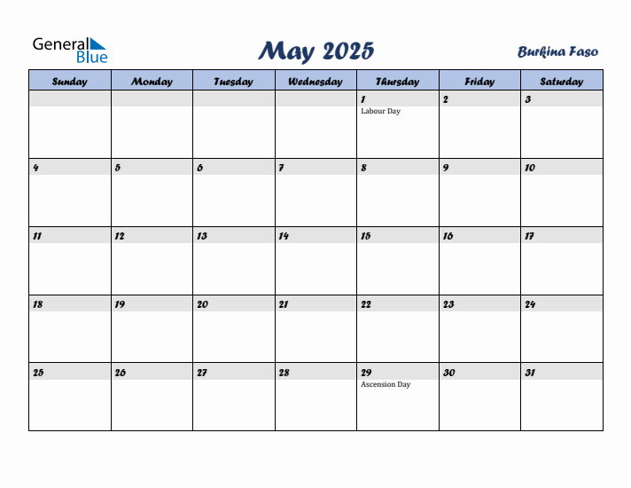 May 2025 Calendar with Holidays in Burkina Faso