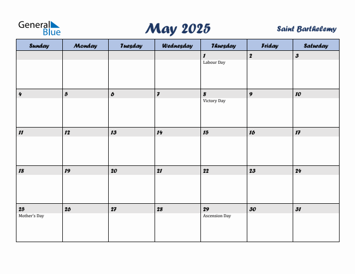 May 2025 Calendar with Holidays in Saint Barthelemy