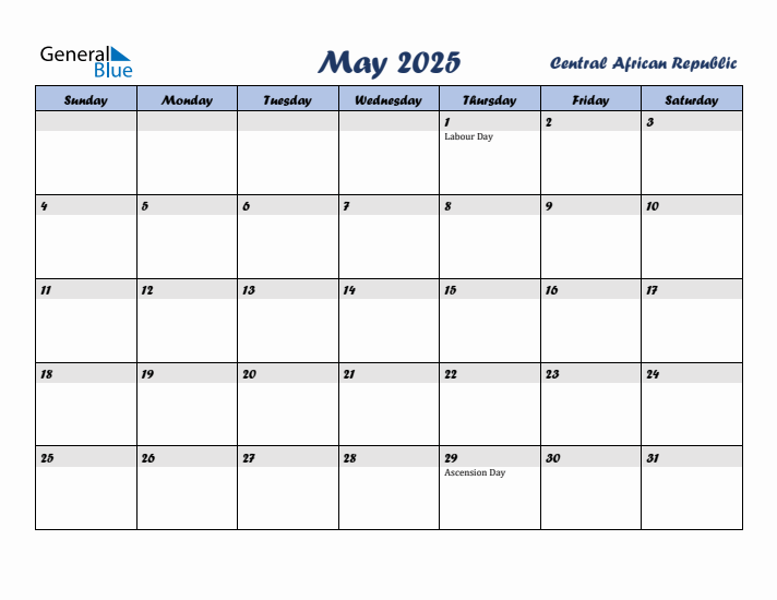 May 2025 Calendar with Holidays in Central African Republic
