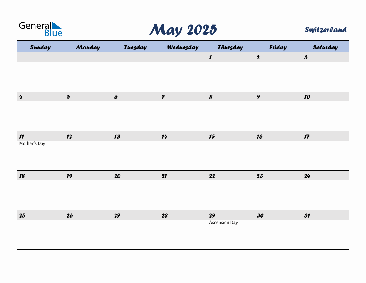 May 2025 Monthly Calendar Template with Holidays for Switzerland